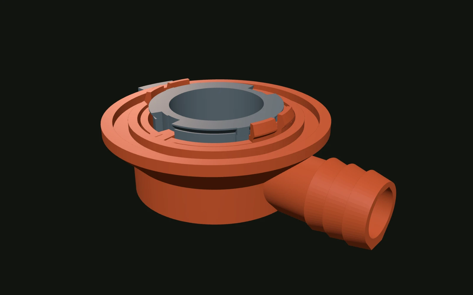 3D render of the drain fitting's elbow, with its lock ring in grey, the way it comes off the printer.