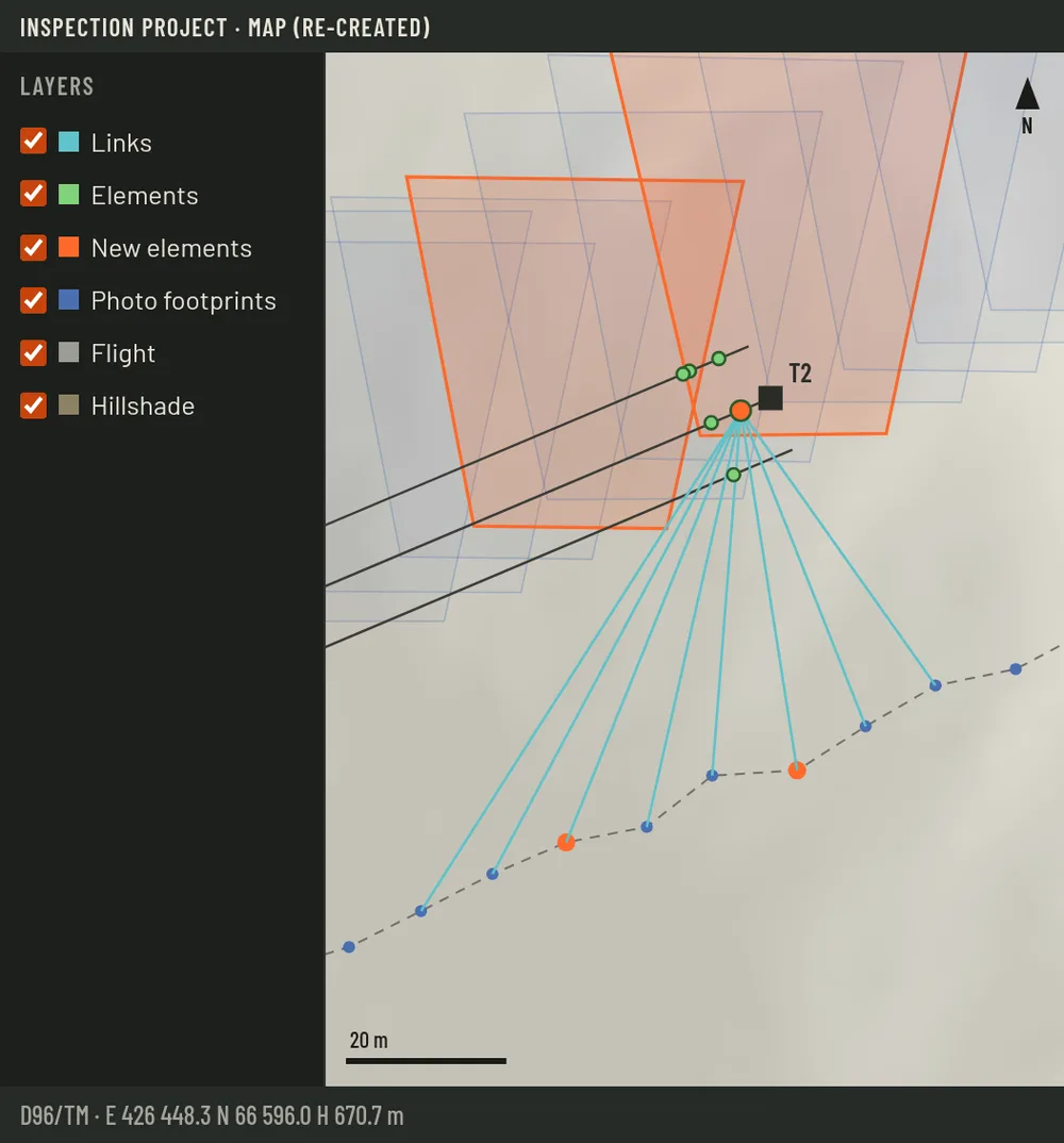 Re-creation: the map of the span with the flight, photo footprints, elements and the links of one element to the photos that see it.