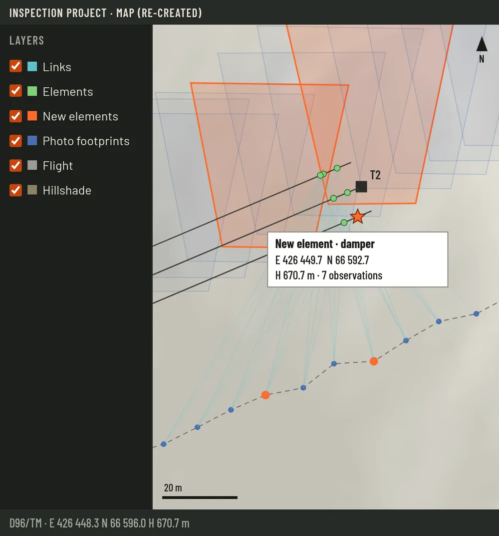 Re-creation: a new element made from two picks. It shows as a star on the map, with its D96/TM coordinates and the number of photos it was found in.