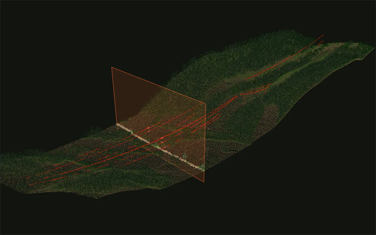 Public LiDAR point cloud of a transmission-line corridor, coloured by class, with a section plane across it.