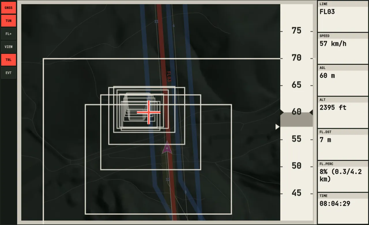 Re-creation of the SkyNav layout: tool buttons on the left, a moving map with flight lines and numbered masts near Senožeče, and a column of instruments on the right.