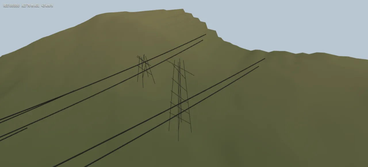 Re-creation: a rendered flight video over public LiDAR terrain with towers and conductors, above a map of the flight with the track, the towers and the current position.