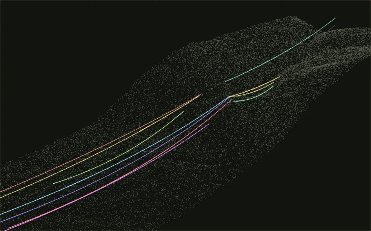 Wire points from a public LiDAR tile, each conductor in its own colour, with the fitted 3D lines.