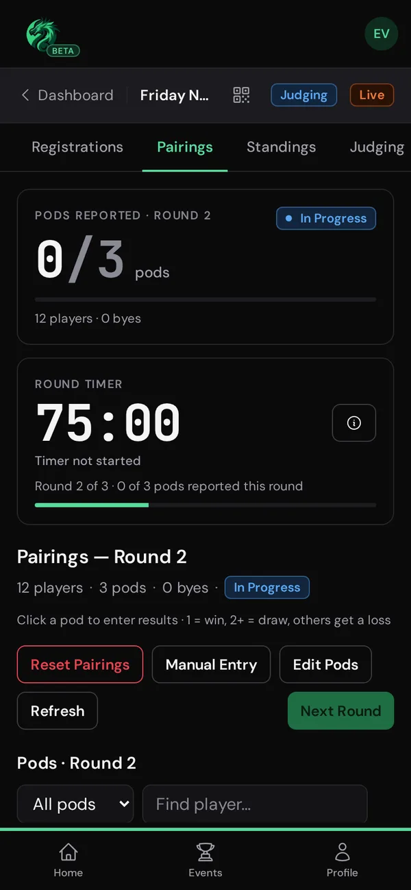 Phone: a judge's view of the round's pairings.