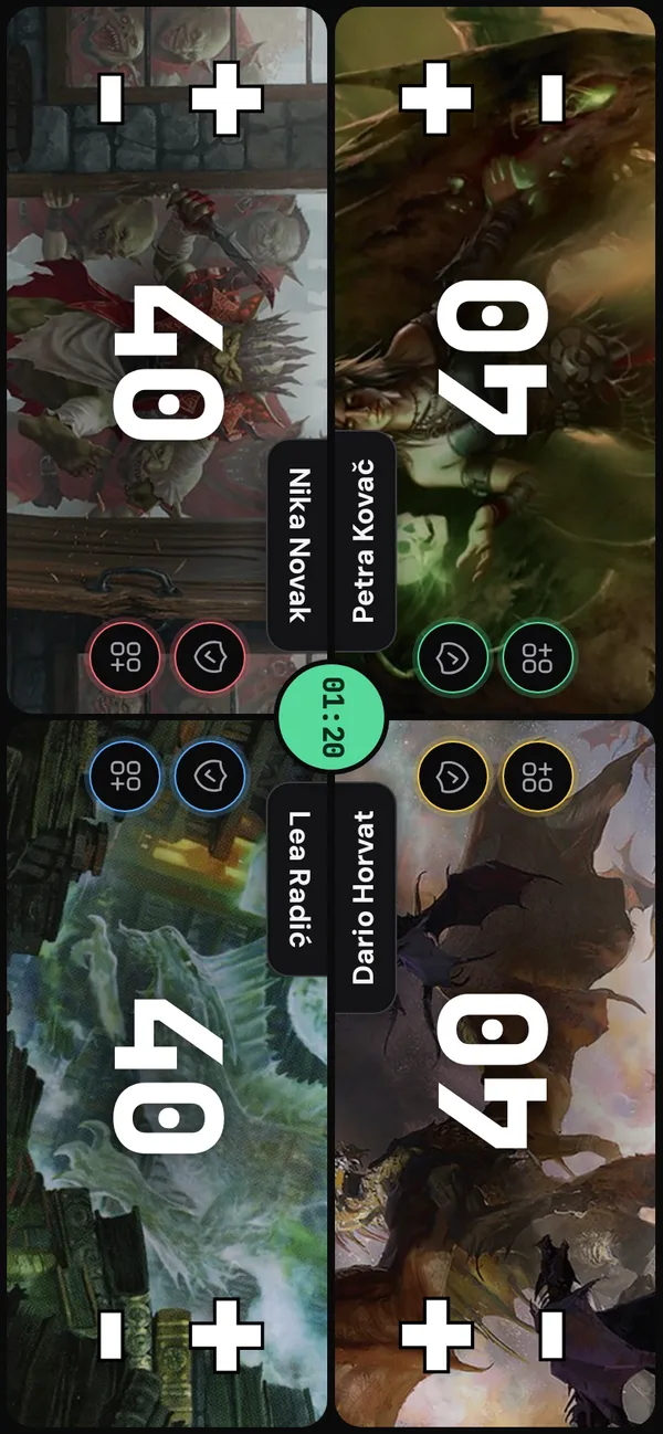 Phone: a four-player life counter with commander art.