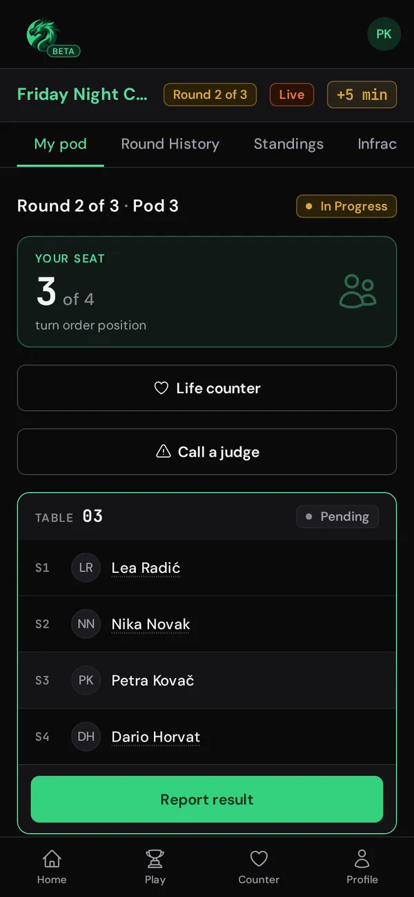 Phone: a player's seat and table for the round.