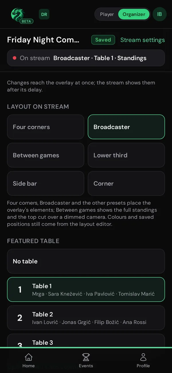 Phone: stream layout presets and the featured table.