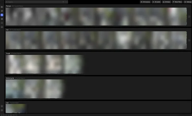 The recorder's explore view: rows of tracked objects by type (person, car, truck, motorcycle, cat) with their counts.