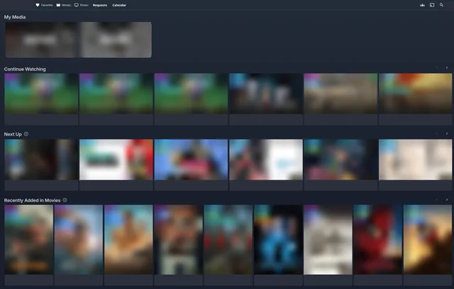 The media server's home screen: navigation, a row of library tiles and rows of films and episodes.