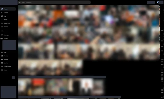 The photo library's main view: side menu, search bar, storage meter and a timeline of photos.