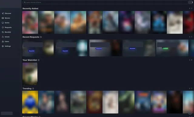 The request portal's home screen: a side menu, a search bar and rows of recent additions, requests with their status, a watchlist and trending titles.