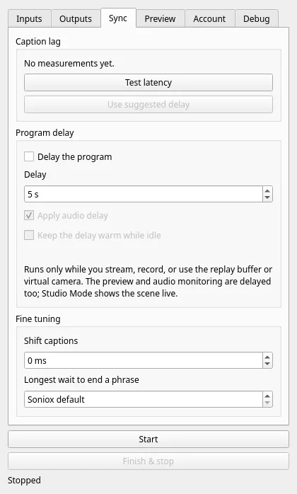 The Sync tab: latency test, program delay and fine tuning.