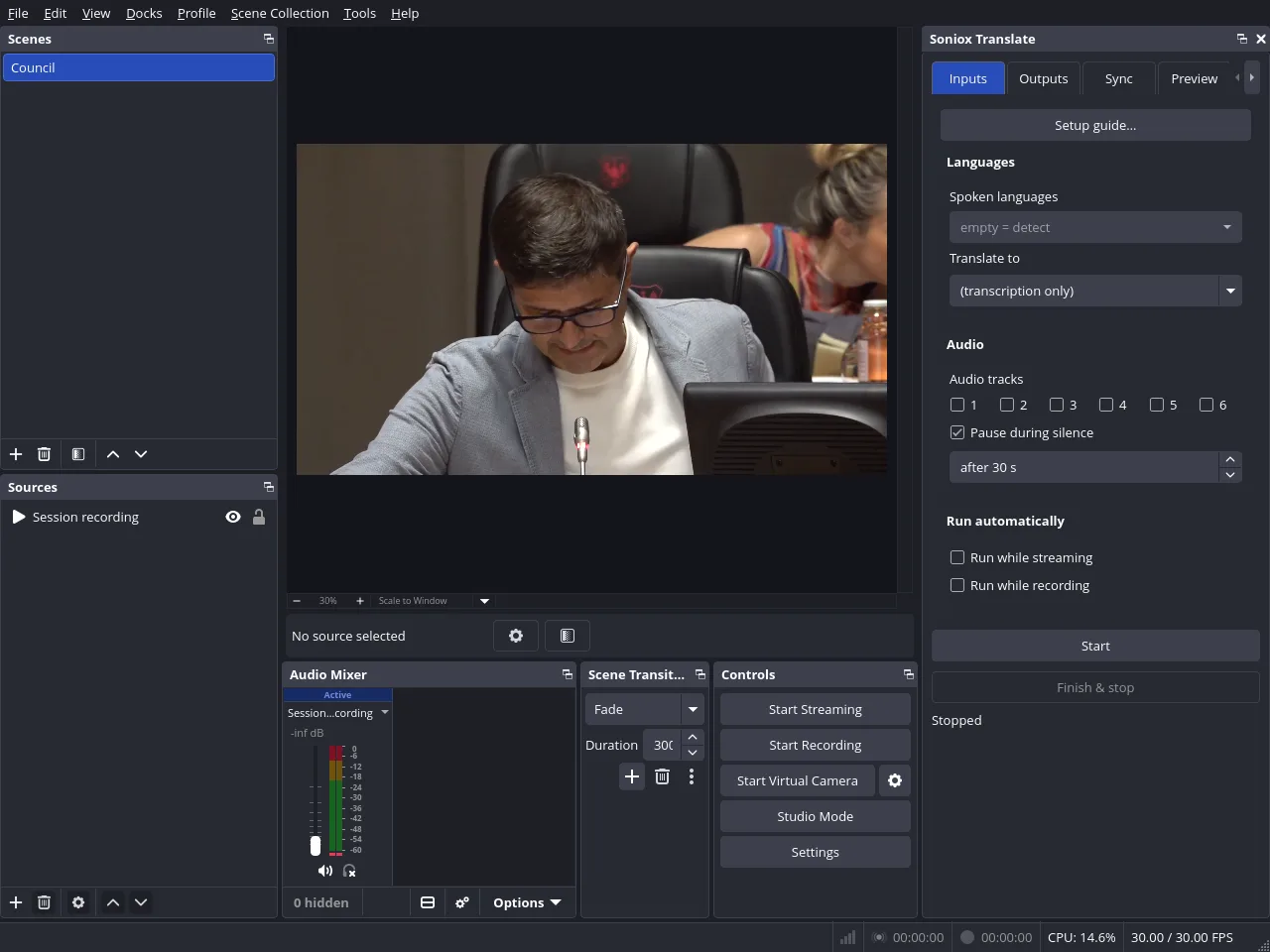 OBS with the plugin's Inputs tab docked beside the preview.
