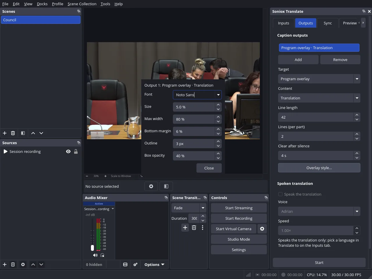 OBS Studio with the plugin's dock: caption outputs and the overlay style window, over a meeting recording.