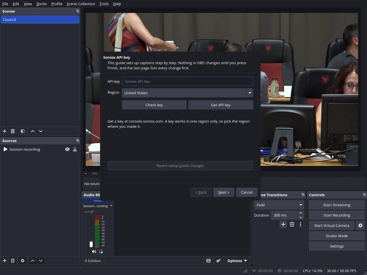 The plugin's setup guide on first start, asking for the API key and region.
