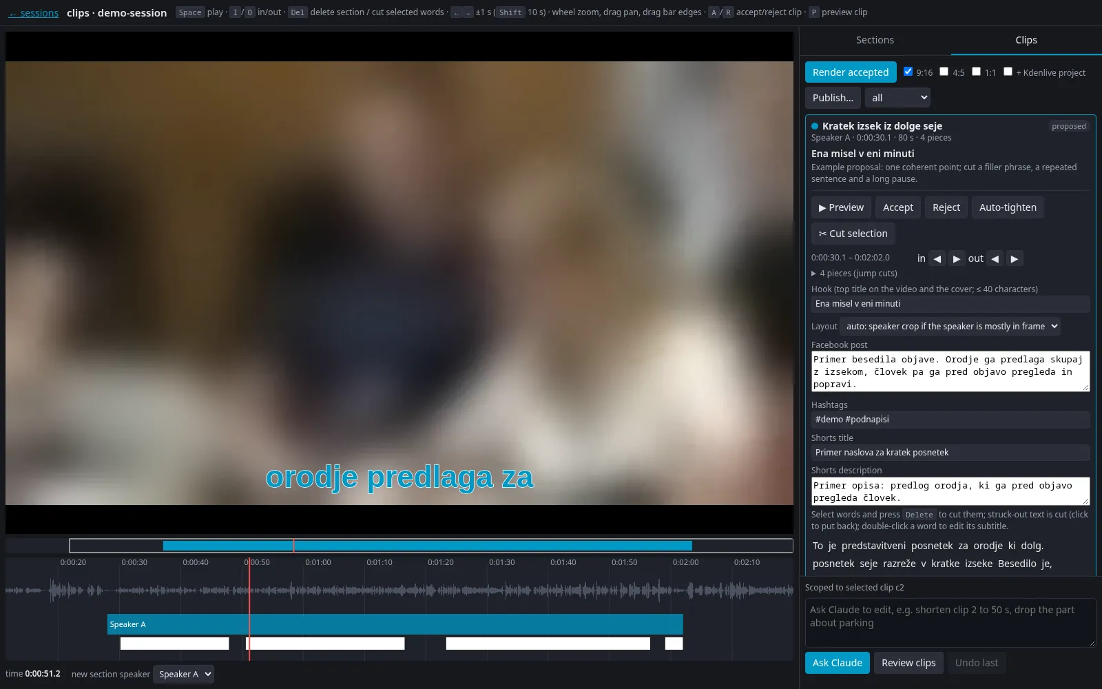 The editor on a demo project: a blurred video with live subtitles, the waveform and the word-level cut timeline, and a clip proposal with hook, post and hashtags. The words are invented for the demo.